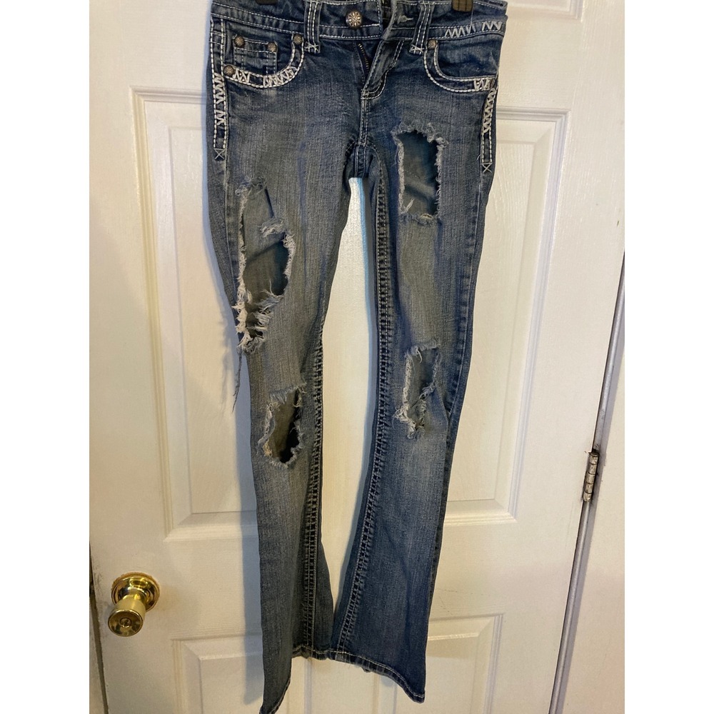 ZCO Jeans Womens Distressed Bootcut Jeans Medium Wash Embroidered Pockets Size 0